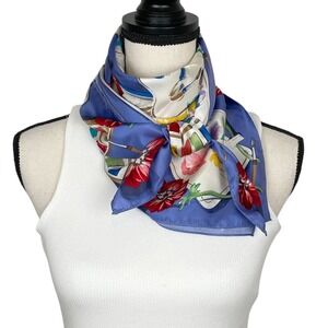 VTG Talbots Blue Watercolor Art Palette Floral  Silk Scarf 34x34 Japan Coastal